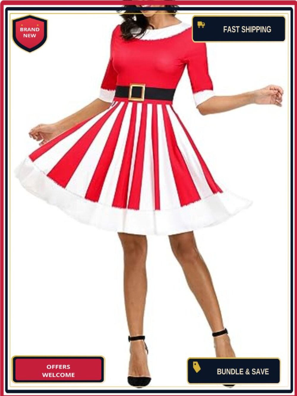 Ugly Christmas Dress Knee Length Fit Flare 3/4 Sleeve Holiday Party